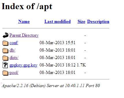 Kuvassa selaimeen avattuna Apachen tarjoilema pakettivaraston juuri.